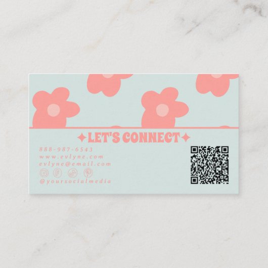 Retro Pastel Pink QR Code Groovy Floral Boho Girly Visitenkarte (Rückseite)