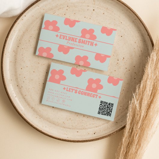 Retro Pastel Pink QR Code Groovy Floral Boho Girly Visitenkarte
