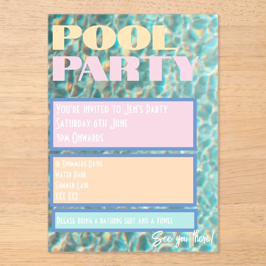 Retro Pastel Pool Party Invitation Acryleinladungen (Vorderseite)