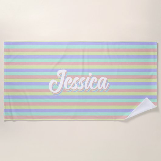 Retro Pastel Streifen Personalisierter Name Strandtuch (Vorderseite)