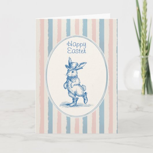 Retro Pastel Striped Vintage Blue Bunny Easter Karte (Vorderseite)