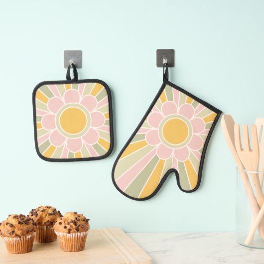 Retro Pastel Sunshine Personalized Kitchen Ofenhandschuh & Topflappen-Set (Insitu (Hängend))