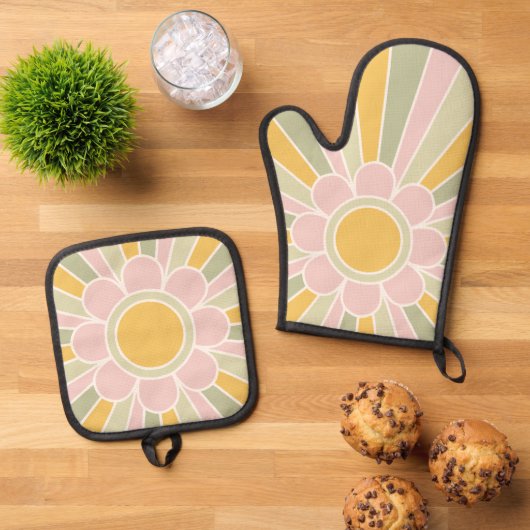 Retro Pastel Sunshine Personalized Kitchen Ofenhandschuh & Topflappen-Set (Oben Unten)