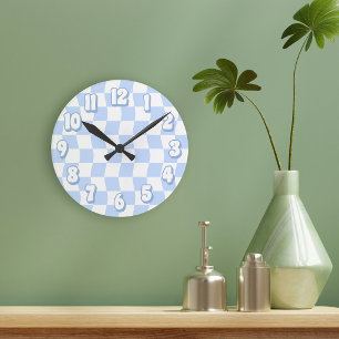 Retro Pastell Blau Weiß Wellig Kariert Runde Wanduhr