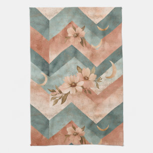 Retro-Pastell-Chevron mit Blumen und Monden Geschirrtuch