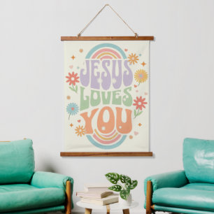 Retro-Pastell-„Jesus liebt dich“-Christendesign – Wandteppich Mit Holzrahmen
