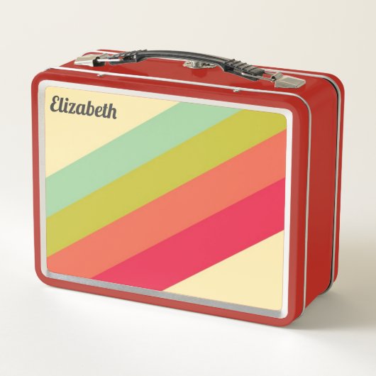 Retro Pastellfarbregenbogen-personalisierter Name Metall Lunch Box (Rückseite)