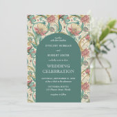 Retro pastellgrün staubig rosa florale Jugendstil Einladung (Stehend Vorderseite)