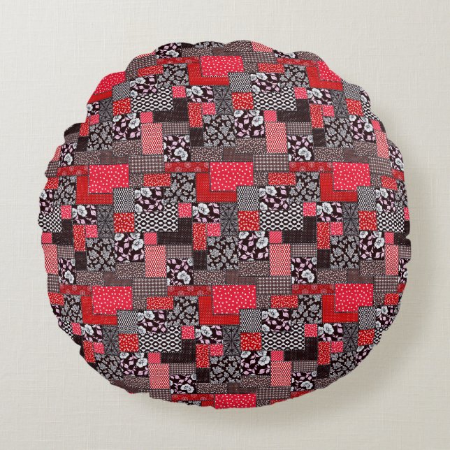 Retro-Patchwork-Blumen-Quilt-Muster Rundes Kissen (Vorderseite)
