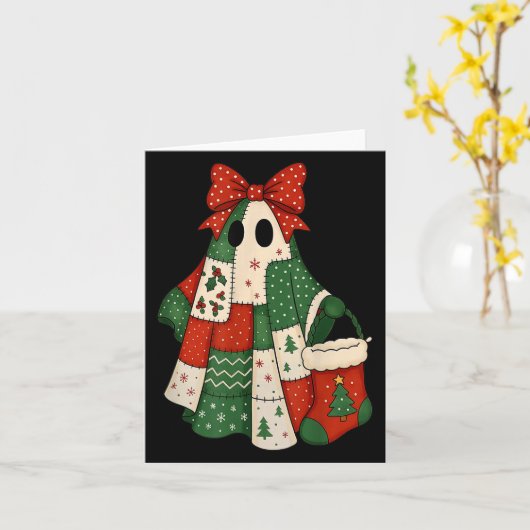 Retro Patchwork Christmas Ghost Coquette Bow X-mas Karte (Gelbe Blume)