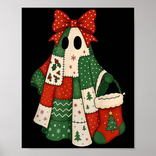 Retro Patchwork Christmas Ghost Coquette Bow X-mas Poster (Vorne)