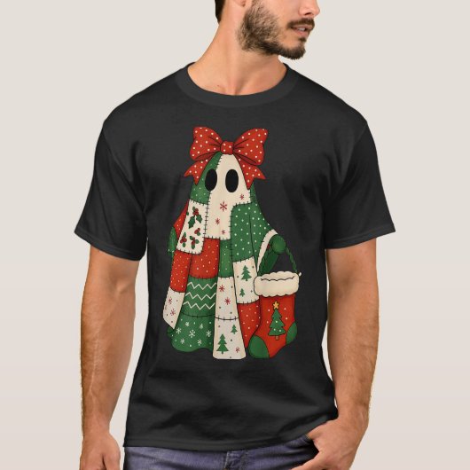 Retro Patchwork Christmas Ghost Coquette Bow X-mas T-Shirt (Vorderseite)