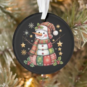 Retro-Patchwork-Schneemann Frohe Weihnachten Coque Ornament