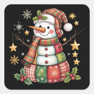 Retro-Patchwork-Schneemann Frohe Weihnachten Coque Quadratischer Aufkleber