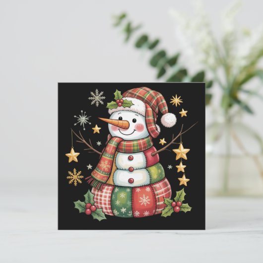 Retro Patchwork Snowman Merry Christmas Coquette Feiertagskarte (Stehend Vorderseite)