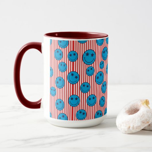 Retro Patriot Smiley Gesicht Tasse (Mit Donut)
