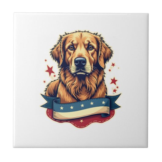 Retro Patriotic Golden Retriever Engraving Tee 4 Fliese (Vorderseite)