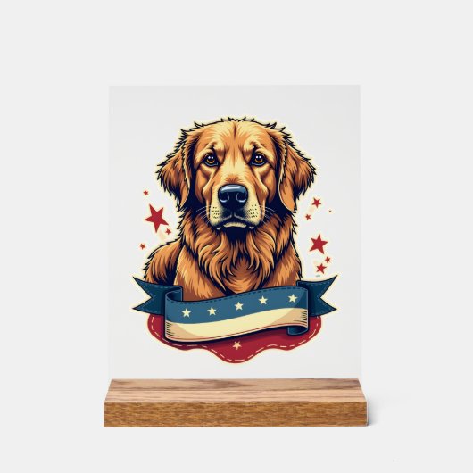 Retro-patriotisches Golden-Retriever-Gravur-T-Shir Acrylschild (Vorderseite)
