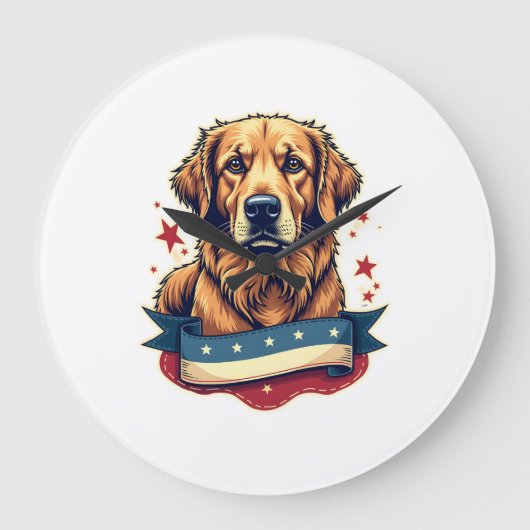 Retro-patriotisches Golden-Retriever-Gravur-T-Shir Große Wanduhr (Vorderseite)