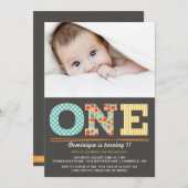 Retro Patterns Einladung zum ersten Geburtstag Fot (Vorne/Hinten)