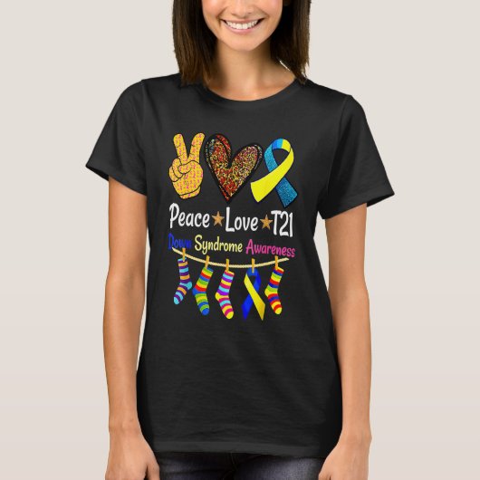 Retro Peace Love Cure Blue World Down Syndrome Awa T-Shirt (Vorderseite)