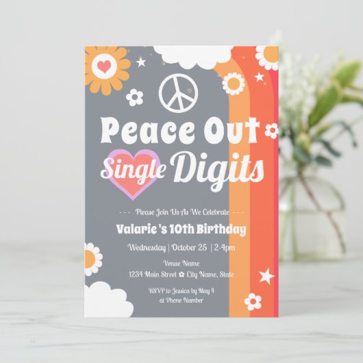 Retro Peace Out 10. Geburtstag Einladung (Stehend Vorderseite)