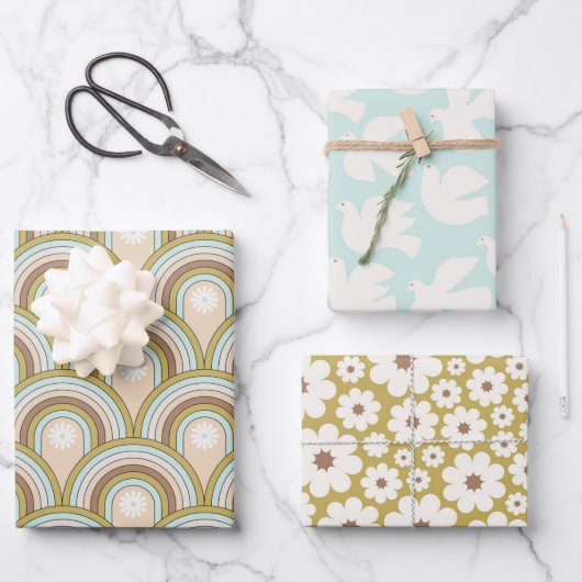 Retro Peace Rainbow Dove Neutral Fun Floral Geschenkpapier Set (Vorderseite)