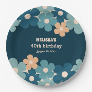 Retro Peach Dark Green Boho Blume 40. Geburtstag Pappteller