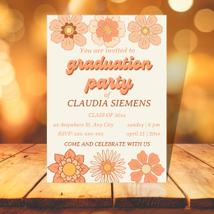 Retro PEACH Floral Groovy Graduierung Einladungen