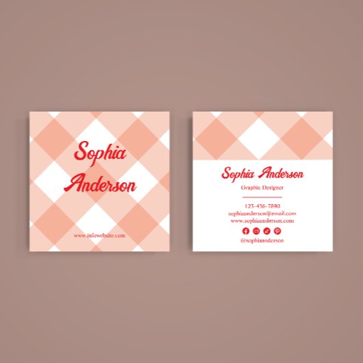 Retro Peach Gingham Pattern Quadratische Visitenkarte