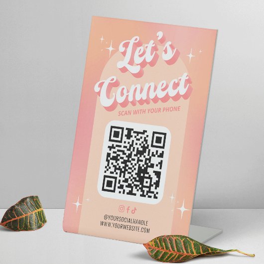 Retro Peach Let's Connect Social Media QR Code Sockelschild