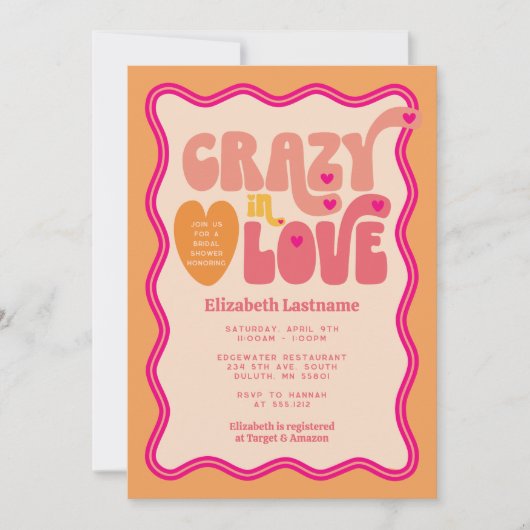 Retro Peach Orange Crazy in Liebe Brautparty Einladung (Vorderseite)