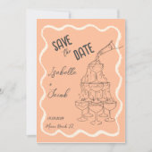 Retro Peach Wavy Champagner Tower Save the Date Einladung (Vorderseite)