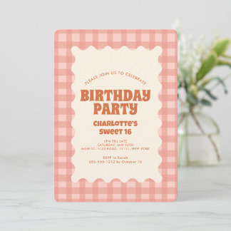 Retro Peachy Schachbrett Sweet 16 Geburtstagsparty Einladung