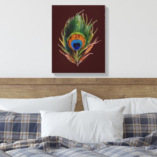 Retro Peacock Feather Canvas Print Leinwanddruck (Insitu (Schlafzimmer))