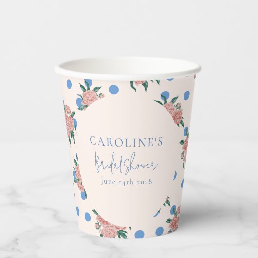 Retro Peony Floral Blue Dots Brautparty Custom Pappbecher (Vorderseite)