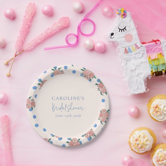 Retro Peony Floral Blue Dots Brautparty Custom Pappteller (Party)