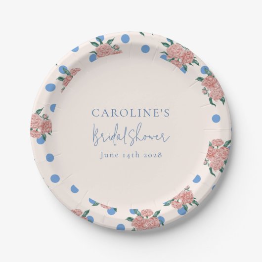 Retro Peony Floral Blue Dots Brautparty Custom Pappteller (Vorderseite)