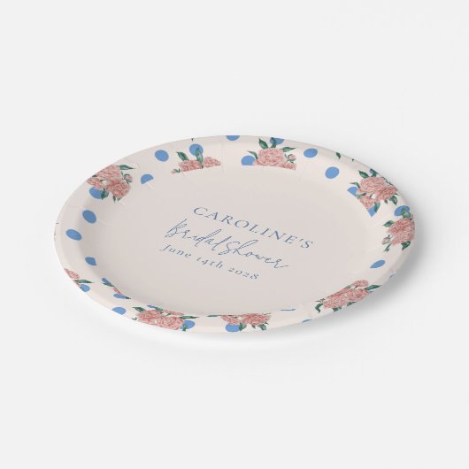 Retro Peony Floral Blue Dots Brautparty Custom Pappteller (Schrägansicht)