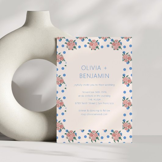 Retro Peony Floral Garden Blue Dots Wedding Einladung