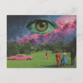 Retro People and Pink Car with Eye in Sky Surreal Postkarte (Vorderseite)