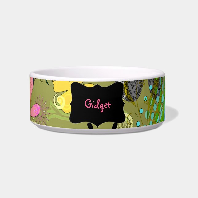 Retro personalisierte Haustier-mit Blumenschüsseln Napf (Vorderseite)