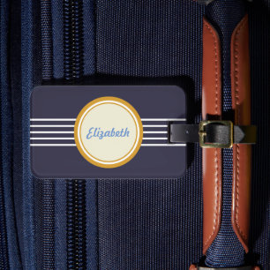 Retro-Personalisiertes Tiefblaues und Goldenes Gep Gepäckanhänger