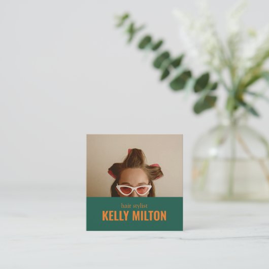 Retro Personalize Foto Friseur Barber Salon Quadratische Visitenkarte (Stehend Vorderseite)