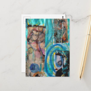 Retro-Pferd-, Esel- und Puppen-Mixed-Media-Collage Postkarte