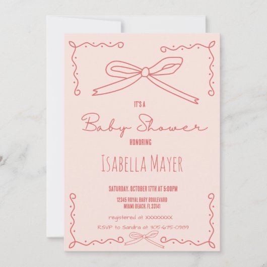 Retro Pfirsichhandgezogene Bow Babydusche Einladun Einladung (Vorderseite)