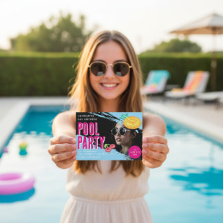 Retro photo Pool Party Birthday QR Code RSVP Einladung