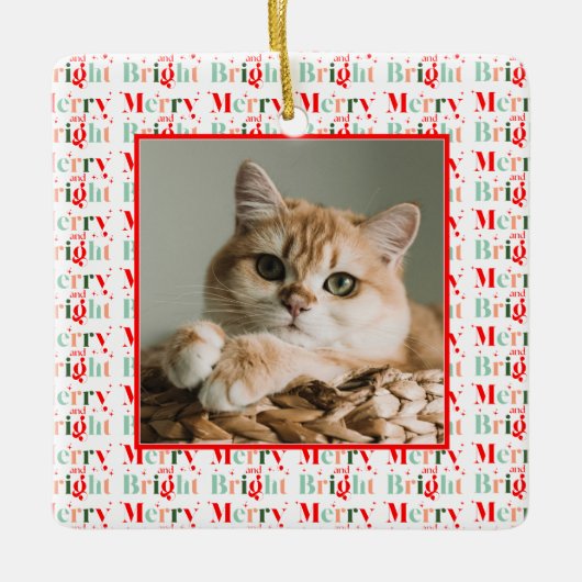 Retro Photo Red Pink Merry and Bright Christmas Keramikornament (Vorderseite)