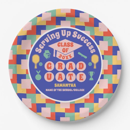 Retro Pickleball Graduation Party Pappteller (Vorderseite)