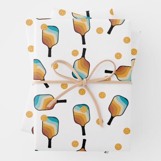 Retro Pickleball Paddle und Ball-Muster Geschenkpapier Set (Beispiel)